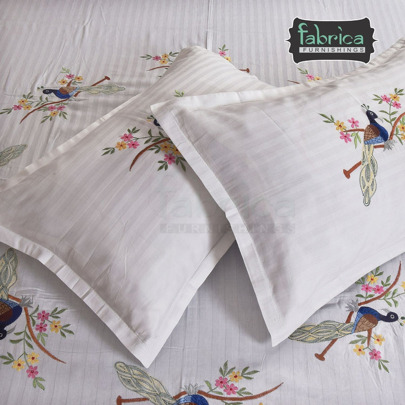 Peacock Embroider White Double Bed King Size Bed Sheets