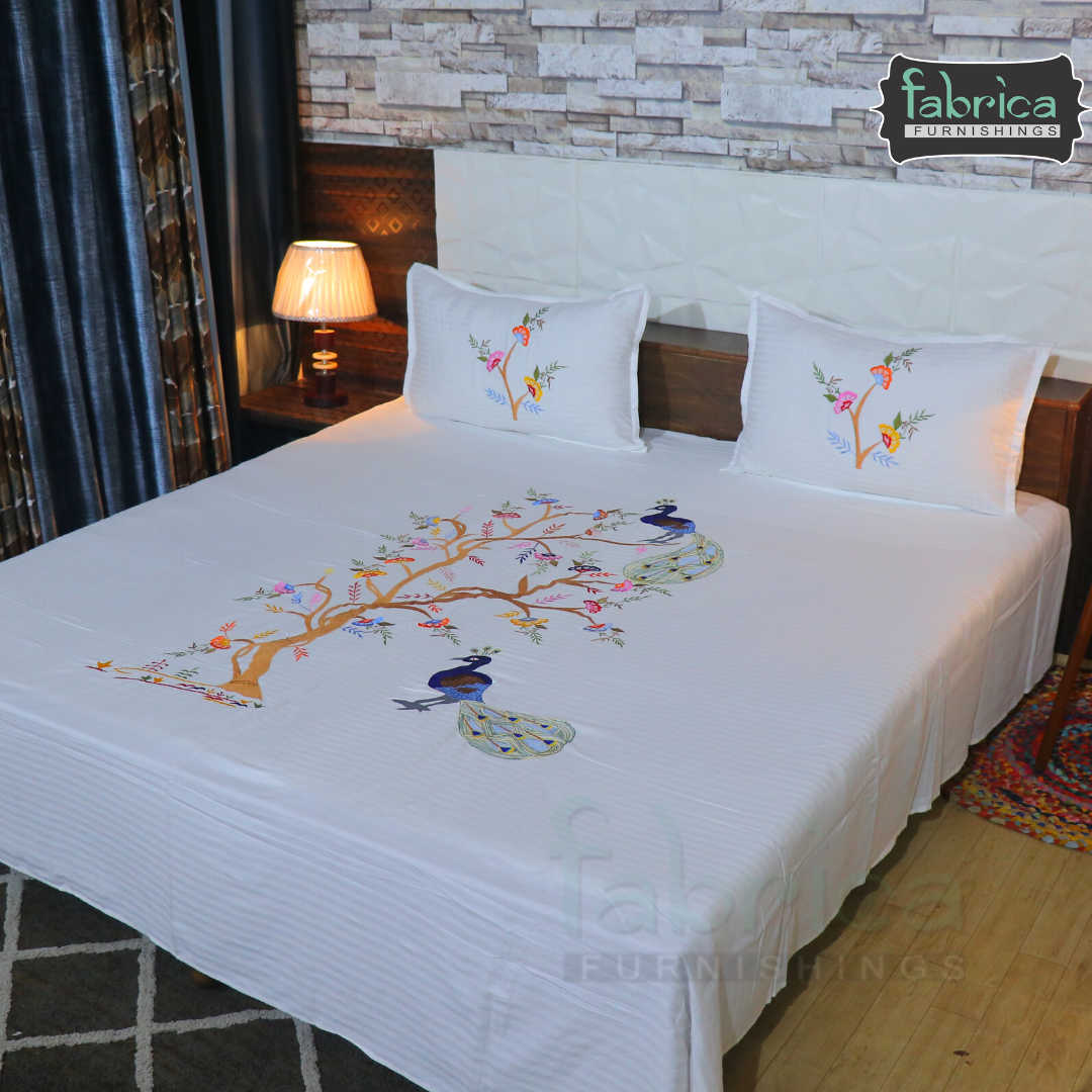 Royal Peacock Embroidered Designer Double Bed King Size Bed Sheets
