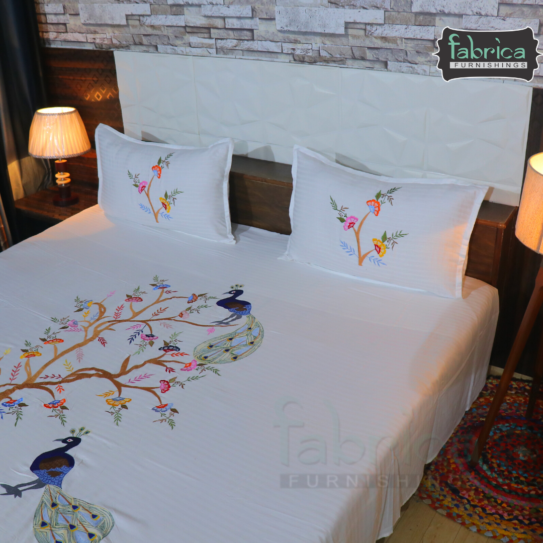 Royal Peacock Embroidered Designer Double Bed King Size Bed Sheets