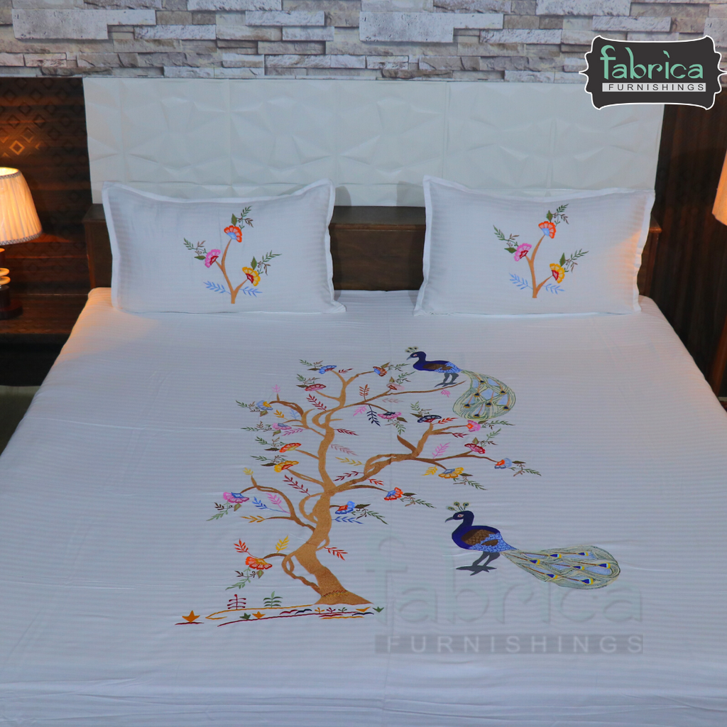 Royal Peacock Embroidered Designer Double Bed King Size Bed Sheets