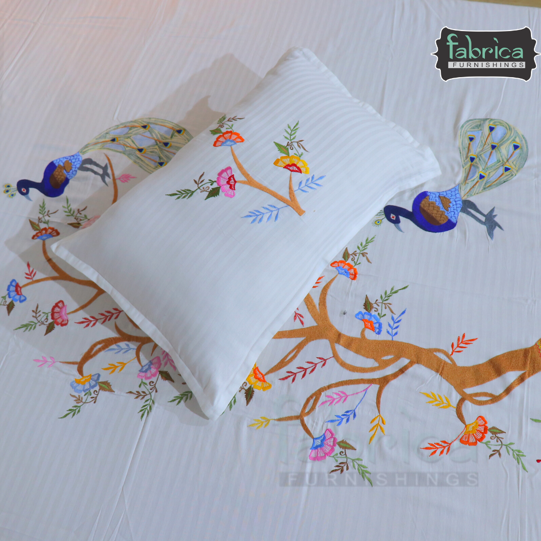 Royal Peacock Embroidered Designer Double Bed King Size Bed Sheets
