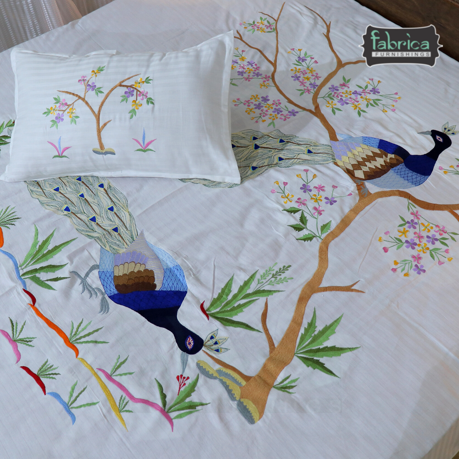 Peacock Cotton Designer Embroidered Double Bed King Size Bed Sheets
