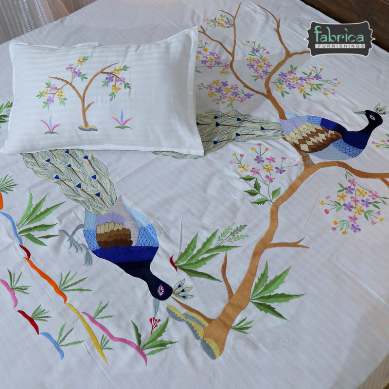 Peacock Cotton Designer Embroidered Double Bed King Size Bed Sheets