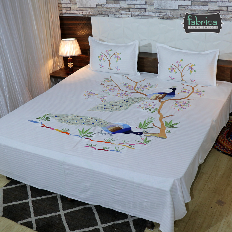 Peacock Cotton Designer Embroidered Double Bed King Size Bed Sheets