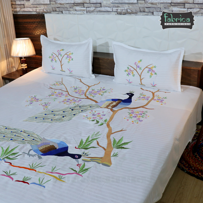 Peacock Cotton Designer Embroidered Double Bed King Size Bed Sheets