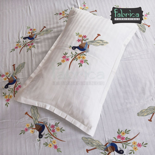 Peacock Embroider White Double Bed King Size Bed Sheets