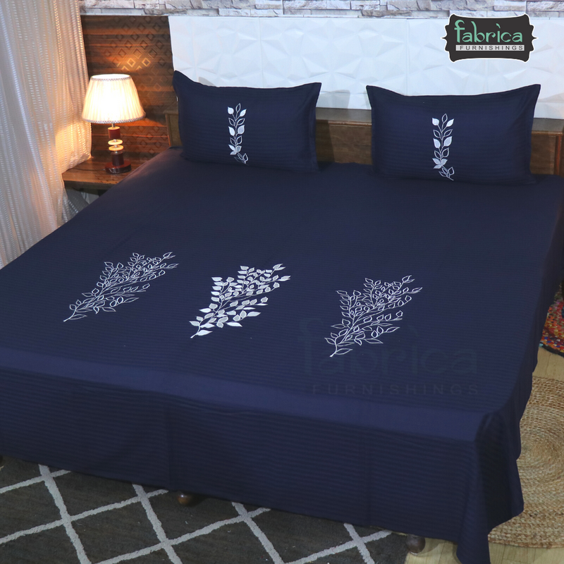 Fabby Home Blue Designer Embroider King Size Bed Sheets