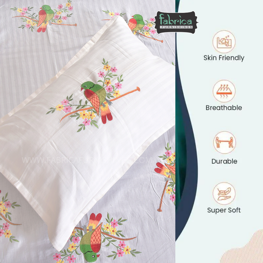 Parrot Embroider Double Bed King Size Bed Sheets