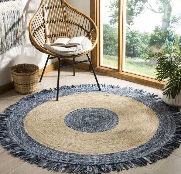 Handmade Braided Jute & Denim Rug in Round with Small Circle Pattern